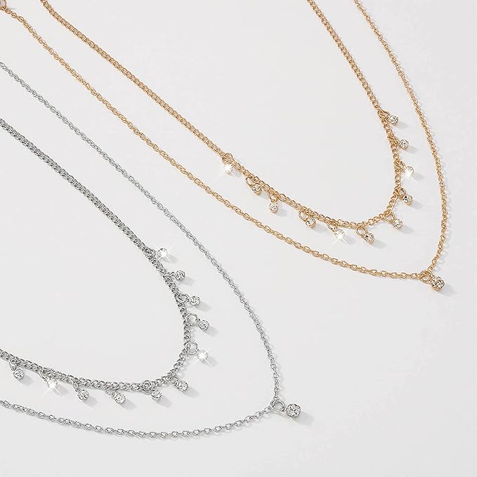 Boho Layered Silver Choker Necklace Crystal