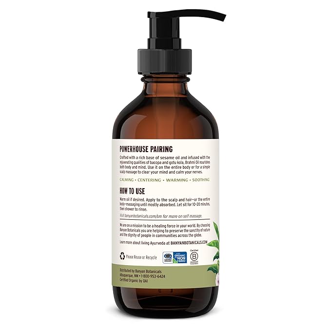 Banyan Botanicals Brahmi Oil with Sesame Base – Organic Ayurvedic Massage Oil with Gotu Kola and Bacopa – Calming Massage Oil for Focus & Relaxation – 8 oz – Non GMO Sustainably Sourced Abhyanga Oil