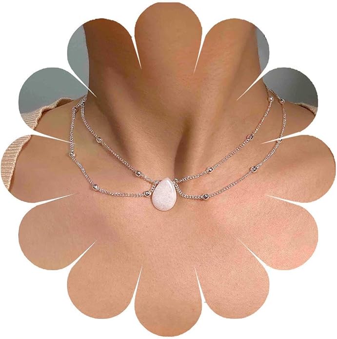Layered Teardrop Pendant Necklace Teardrop Natural Stone Necklace
