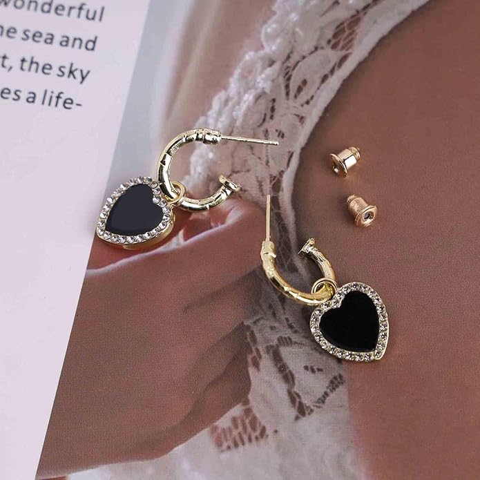 Vintage Crystal Heart Drop Earrings Black