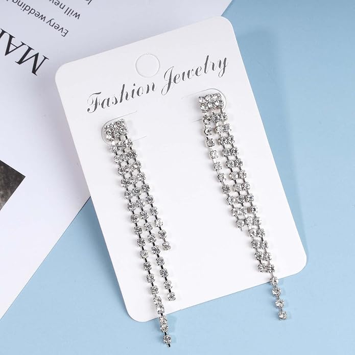 Boho Rhinestone Tassel Earrings Long Fringe Drop Dangle