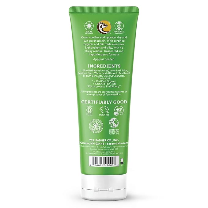 Badger Aloe Vera Gel for Sunburn Relief, Fair Trade & Organic After Sun Care, Pure Cooling Soothing Aloe Vera Gel for Face & Skin, Hypoallergenic & Unscented, 4 fl oz (2 Pack)