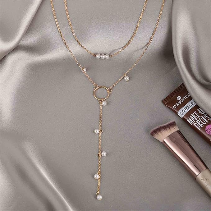 Boho Circle Pearl Lariat Necklace Gold Long Lariat