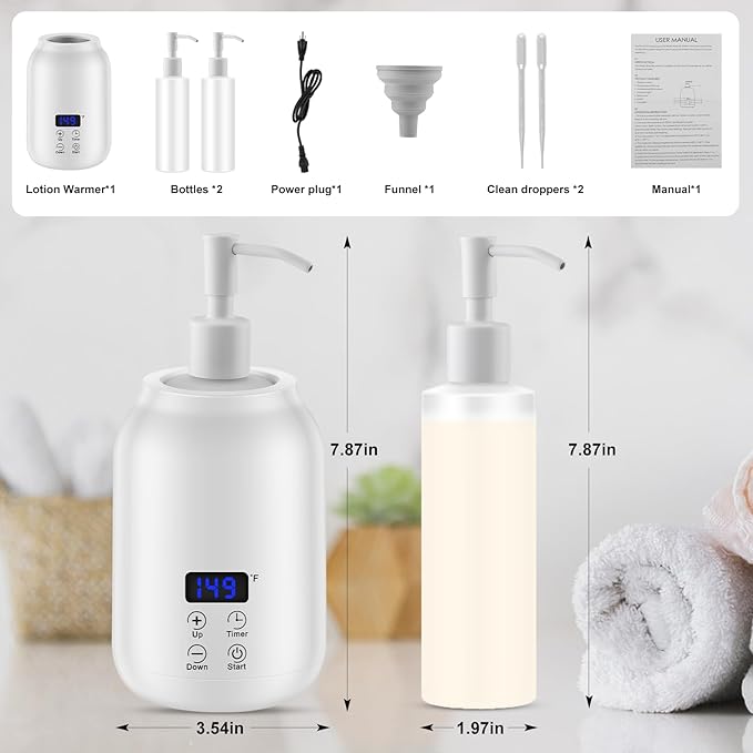 Massage Oil Heater Warmer,with ℃/℉ Switchable Display, Two Oil Dispenser Bottle,Constant Temperature,Body Oils Heater for Spa, Salon and Barber Shops,White