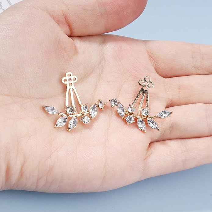 Boho Crystal Leaf Ear Jackets Earrings Gold Cz