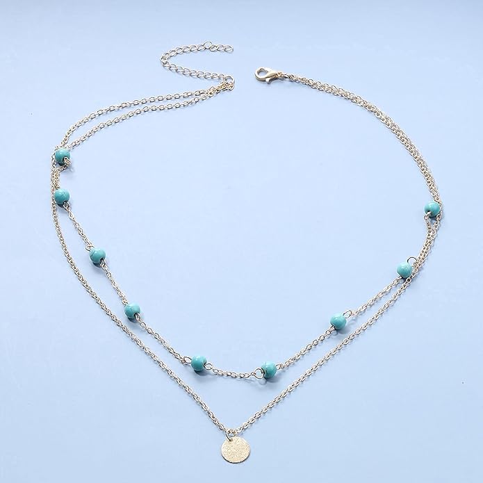 Boho Layered Coin Turquoise Necklace Gold