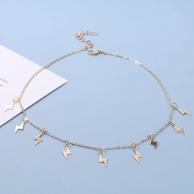 Boho Lighting Bolt Choker Necklace Gold Dangle Thunder