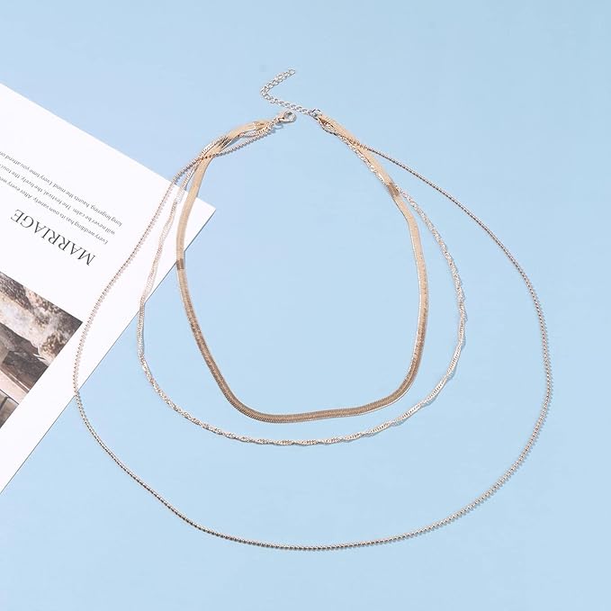 Punk Layered Chain Necklace Gold Flat Snake Chain