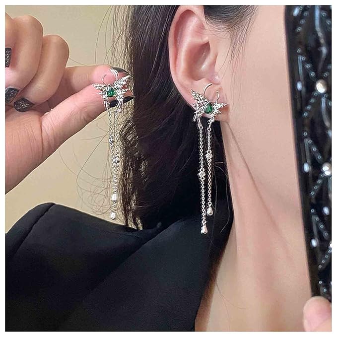 Vintage Emerald Butterfly Earrings Silver Chain