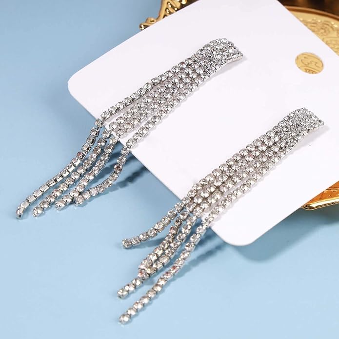 Boho Rhinestone Tassel Earrings Long Fringe Drop Dangle