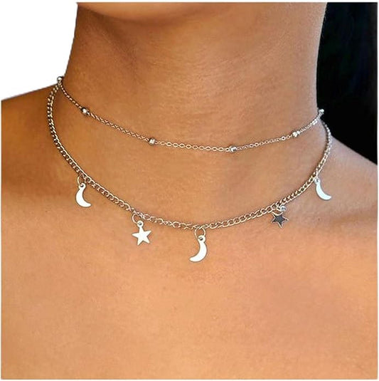 Boho Star Moon Necklace Choker Gold Layered Star
