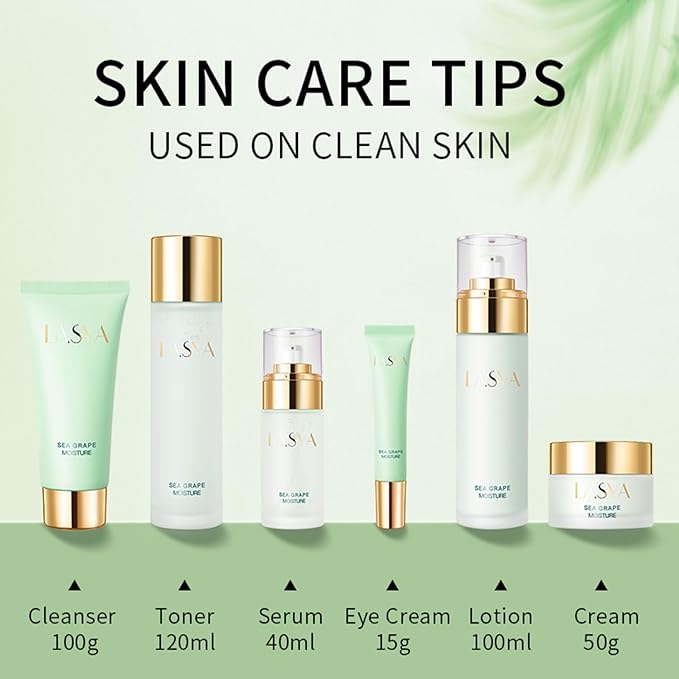 Sea Grape Skincare Set, 6-In-1 Skincare Gift Set With Facial Cleanser, Toner, Serum, Eye Cream, Lotion & Cream, Moisturizing Skin Care Kit For Women
