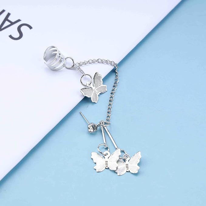 Silver Butterfly Chain Tassel Cuff Earrings