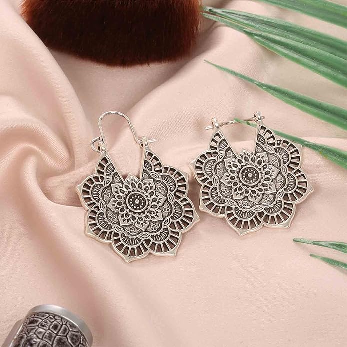 Boho Mandala Flower Earrings Gold Drop