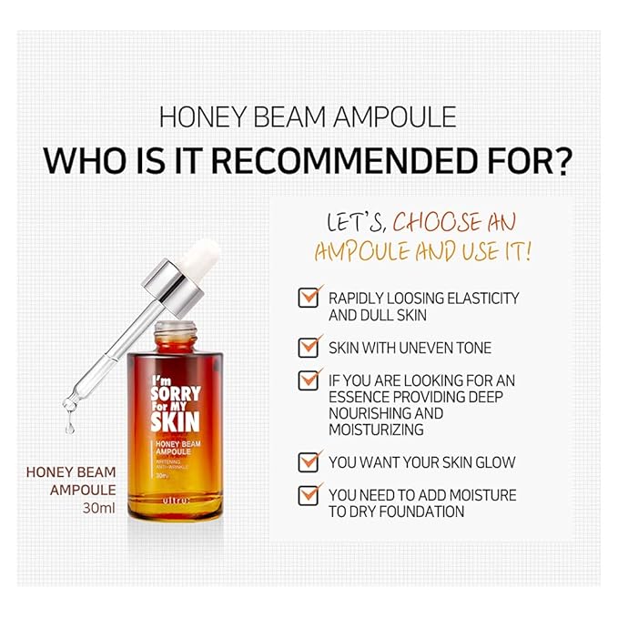 I'M SORRY FOR MY SKIN Facial Skin Ampoule, Korean Skin Care Serum for Face with Propolis, Adenosine and Niacinamide, Anti-Wrinkle & Nourishing Effect (Honey Beam Ampoule)