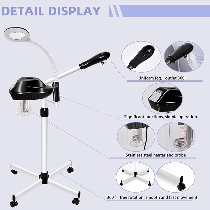 Professional 2 in 1 Facial Steamer on Wheels with 5X Magnifying Lamp and Ozone Facial Steamer for Deep Cleaning, Esthetician Use in Spa, Salon and Home