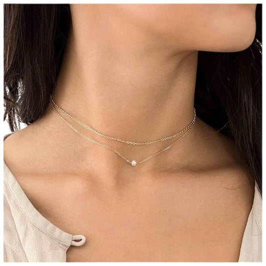 Boho Layered Pearl Choker Necklace Gold