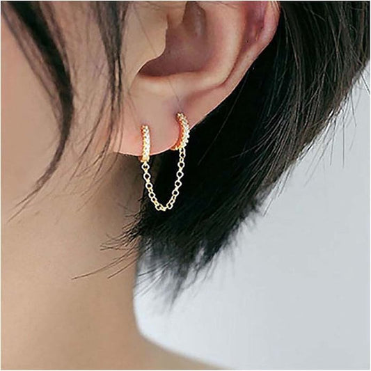 Boho Double Chain Hoop Earrings Gold Cz Hoop