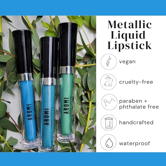 Aromi Bright Blue Metallic Liquid Lipstick | Ocean Lip Color with Shimmery Finish, Vegan, Cruelty-free, Long-lasting, Handmade (Snow Queen)