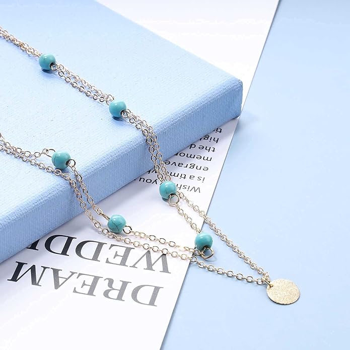 Boho Layered Coin Turquoise Necklace Gold