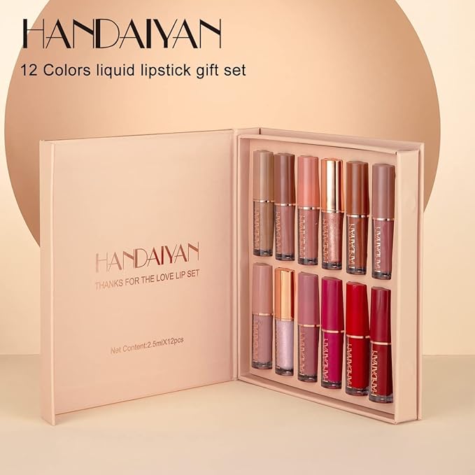12 Colors Book Style Velvet Matte Liquid Lipstick Christmas Gift Set Long-Lasting Non-Stick Cup Not Fade Shimmer Nude Lip Gloss Thanks For the Love Lip Set (Set A)