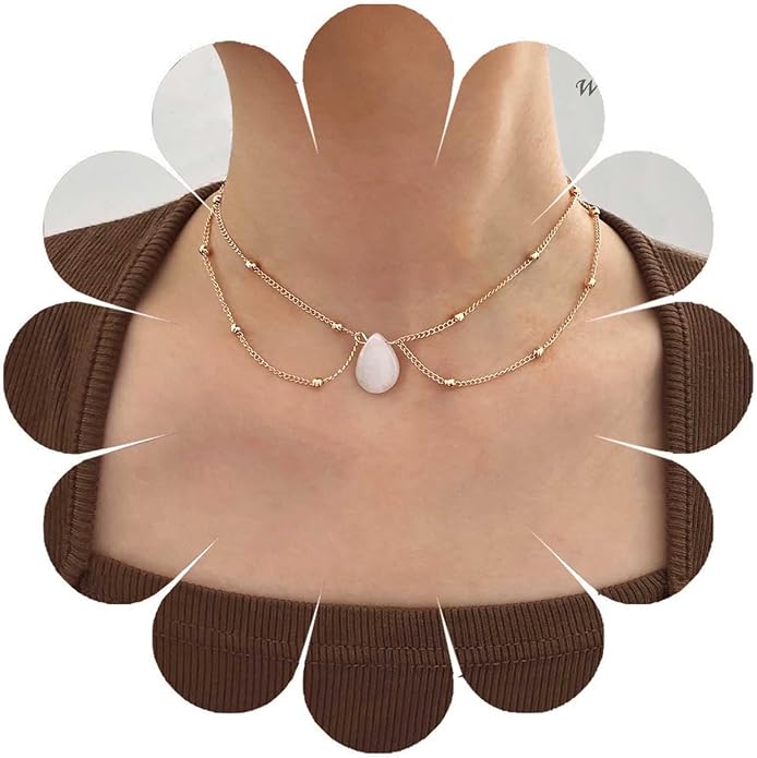 Layered Teardrop Pendant Necklace Teardrop Natural Stone Necklace