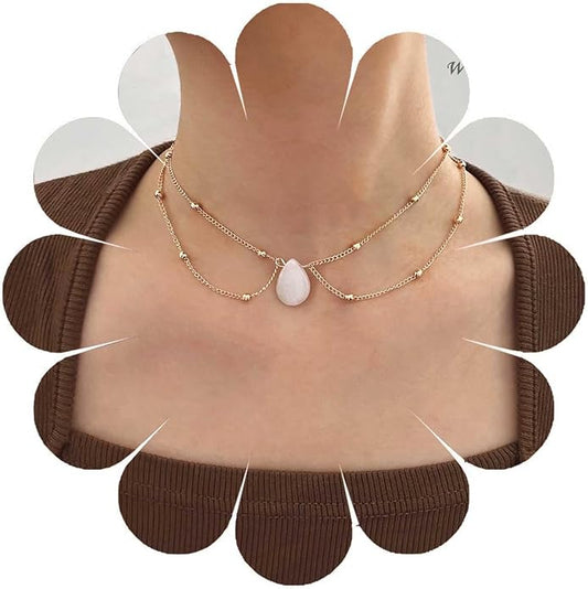Layered Teardrop Pendant Necklace Teardrop Natural Stone Necklace
