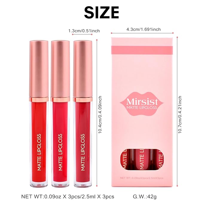 Matte Lip Gloss for Women,3 PCS Matte Liquid Gloss