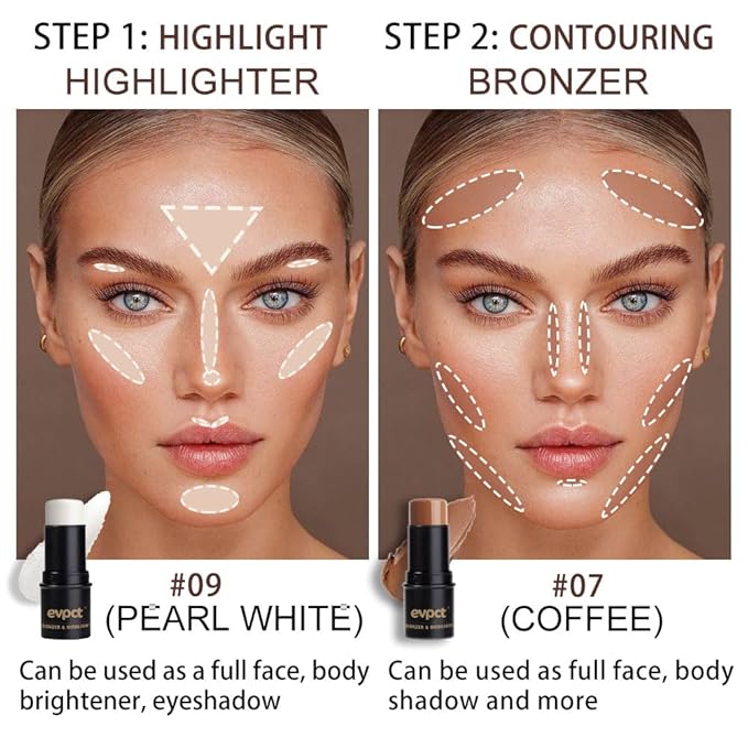 Kaely 2Pcs Cream Contour Highlighter Stick Kit,Bronzer Cheek Stick Waterproof,07+09