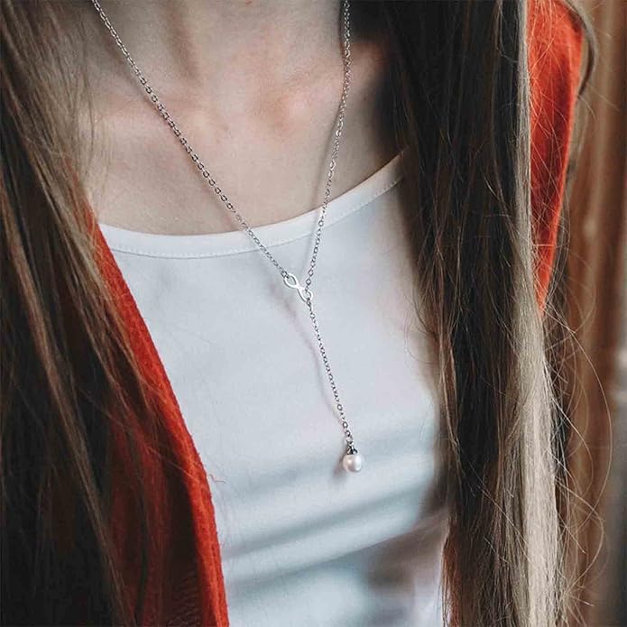 Boho Pearl Infinity Necklace Silver Y