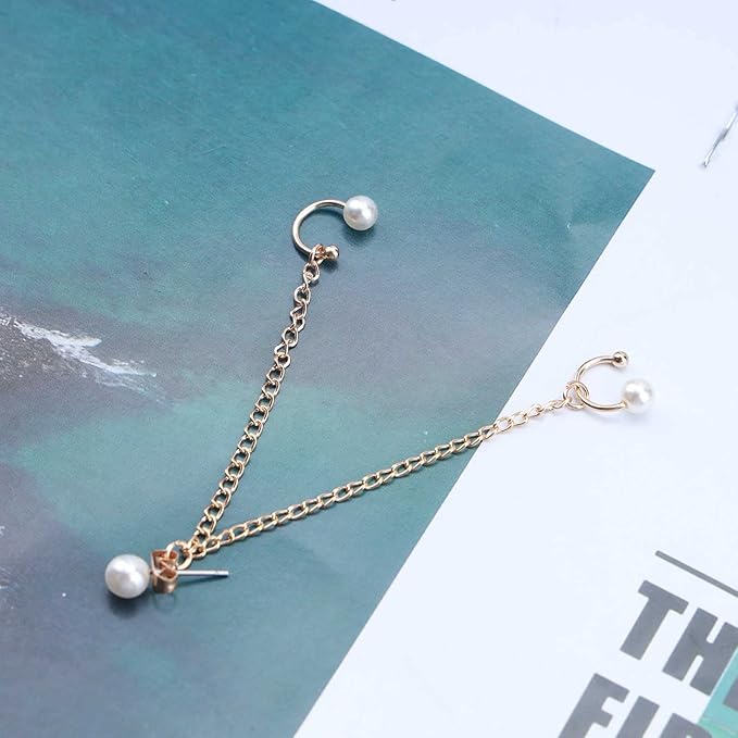 Vintage Pearl Cuff Chain Earrings Gold Chain Ear