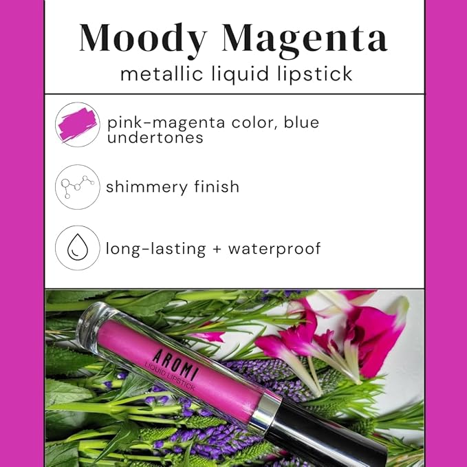 Aromi Metallic Liquid Lipstick | Long-Lasting, Waterproof, Lip Color with Shimmery Finish, Vegan, Cruelty-free, Gluten and Paraben Free, Made in USA, Handmade (Moody Magenta)