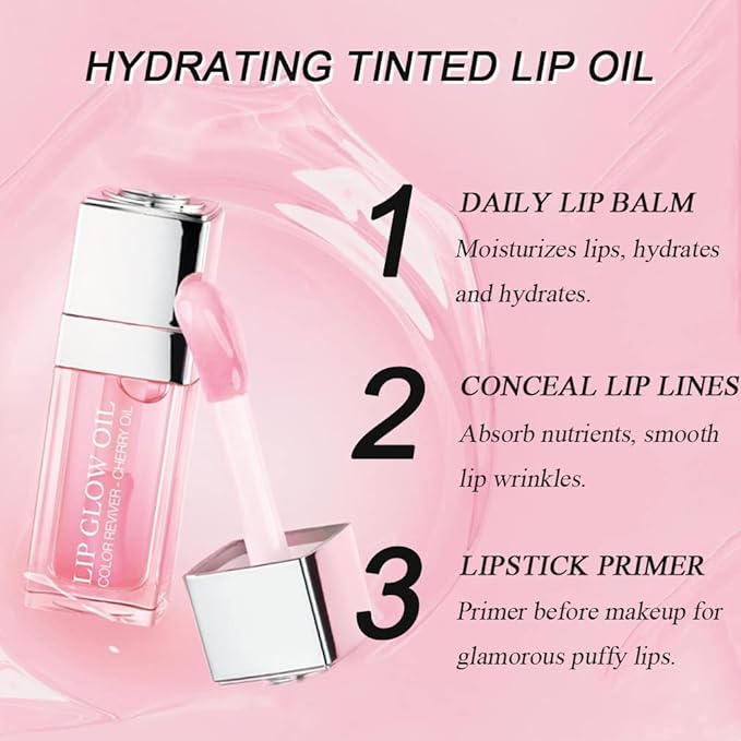 Charm Kiss 2 Colors Hydrating Lip Oil Plumping Lip Tint Moisturizing Lip Gloss, Plump Lip Gloss Lip Care Transparent Toot Lip Oil Tinted, Glass Lip Glow Oil Fresh Texture, Long Lasting Nourishing
