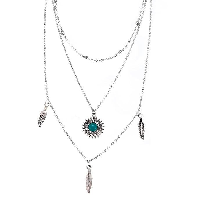 Boho Layered Feather Choker Necklace Turquoise Pendant Necklace