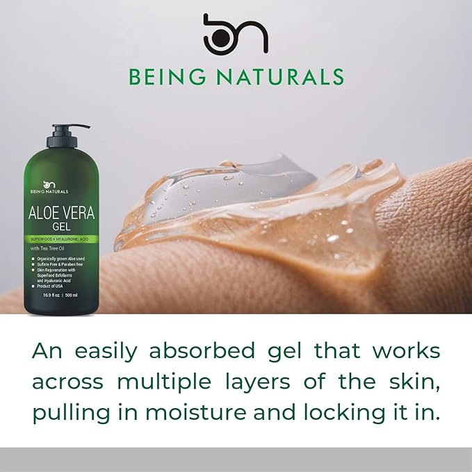 Aloe vera Gel - from 100% Pure Organic Aloe - Natural Raw Moisturizer for Face, Body, Hair. Perfect for Sunburn, Acne, Razor Bumps 16.9 fl oz (Tea Tree, Superfood, Hyaluronic Acid)