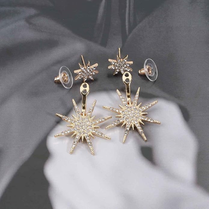 Starburst Jacket Earrings Gold Rhinestone Sun Earrings Front