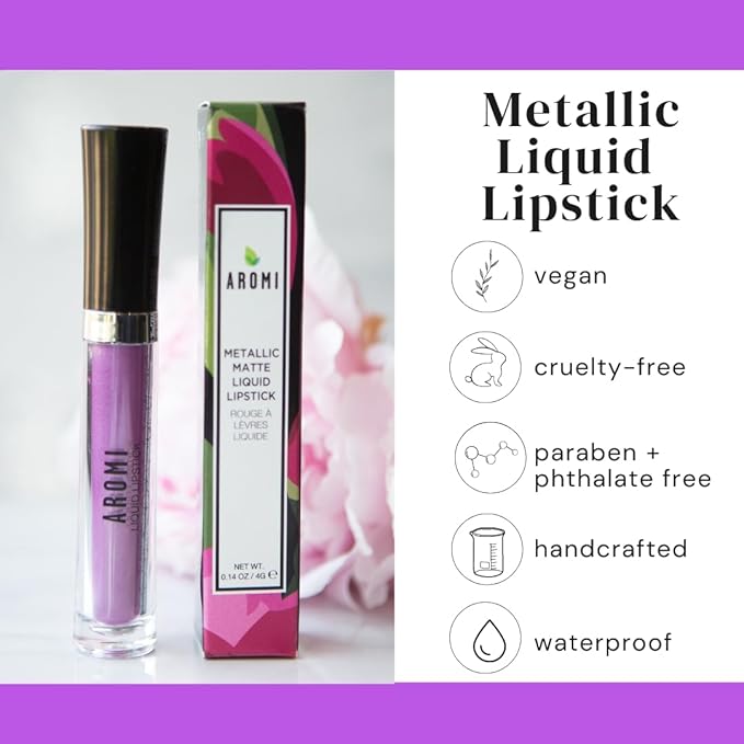 Aromi Purple Lilac Metallic Liquid Lipstick | Bright Lavender Lip Color with Shimmery Finish, Vegan and Cruelty-free, Long-Lasting, Smudge Proof (Purple Unicorn)