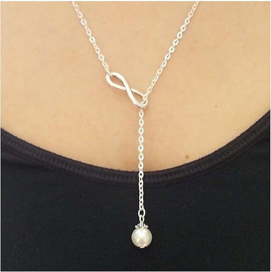 Boho Pearl Infinity Necklace Silver Y