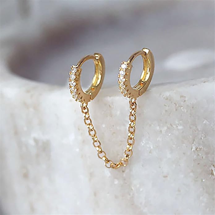 Boho Double Chain Hoop Earrings Gold Cz Hoop