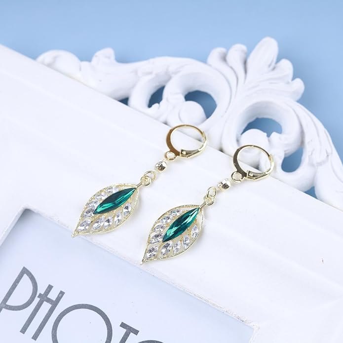 Vintage Emerald Leaf Earrings Rhinestone Leaf Drop Earrings