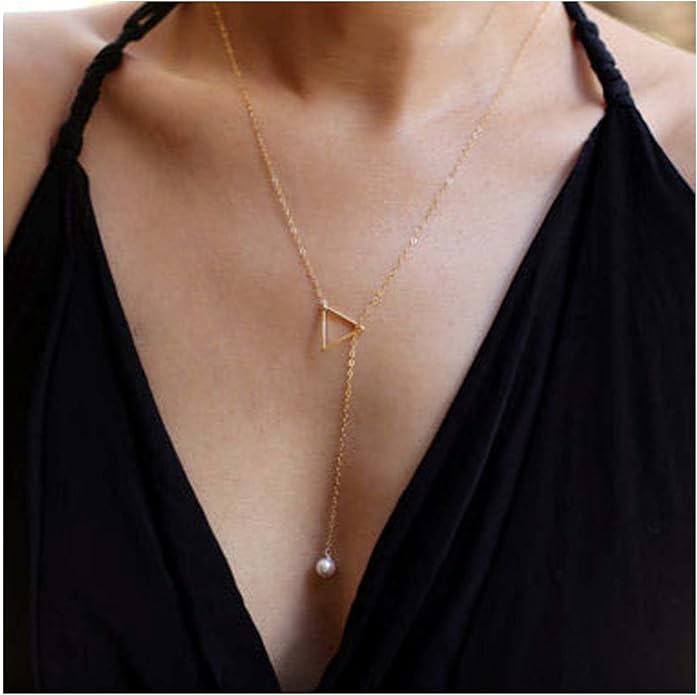 Boho Pearl Triangle Necklace Gold Y