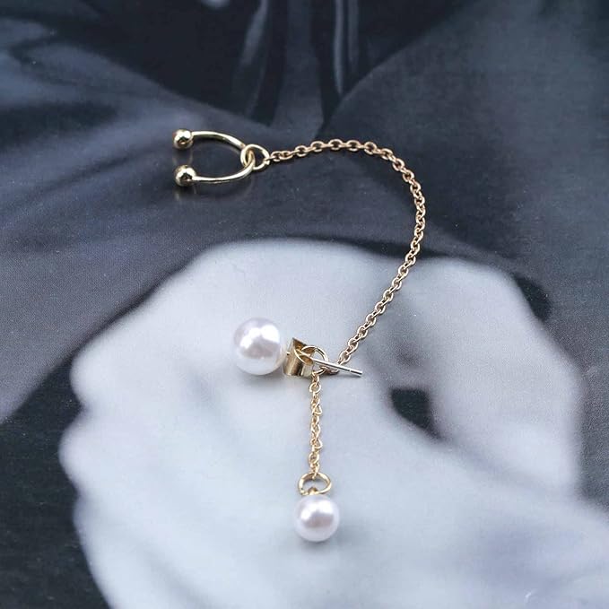 Vintage Pearl Cuff Chain Earrings Gold Chain Ear