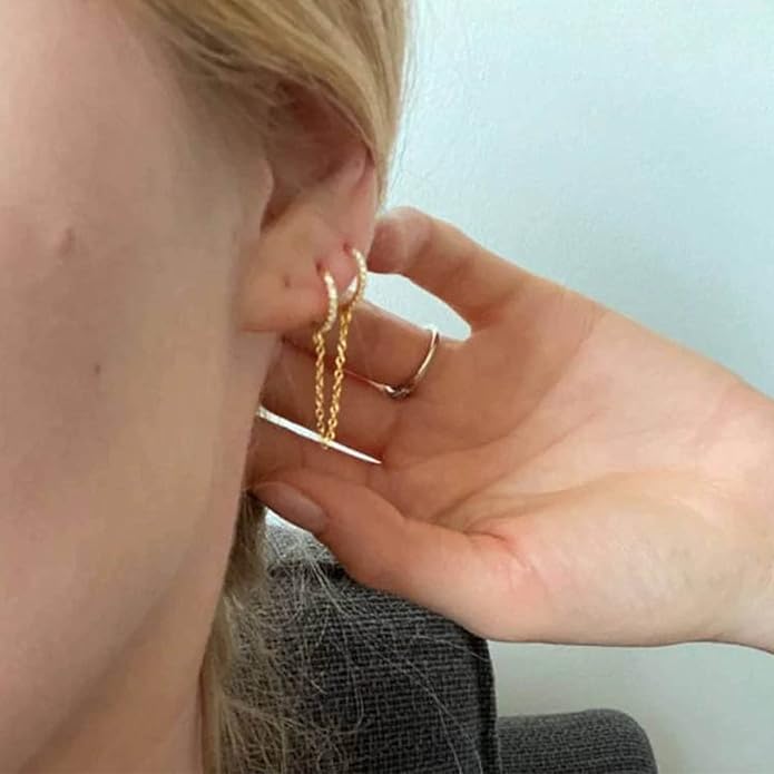 Boho Double Chain Hoop Earrings Gold Cz Hoop