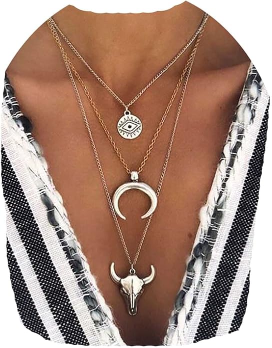Boho Layered Moon Necklace Silver Compass