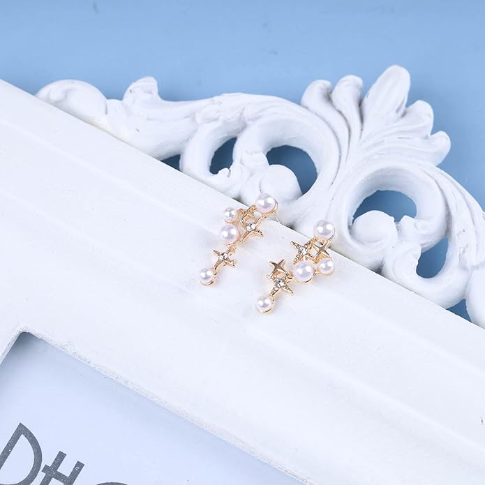 Vintage Pearl Star Earrings Rhinestone Pearl Drop Earrings