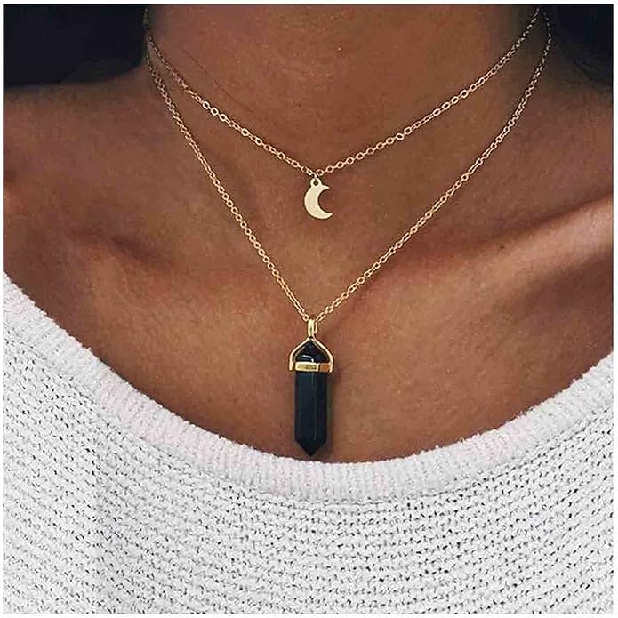 Boho Layered Moonstone Necklace Chain Gold Moon Pendant