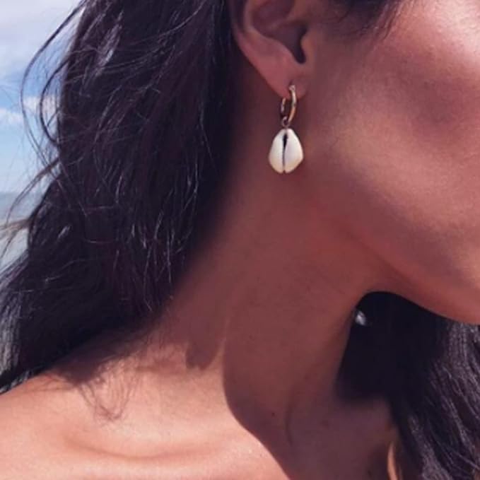 Natural Cowrie Shell Earrings Gold Boho Dangle Shell