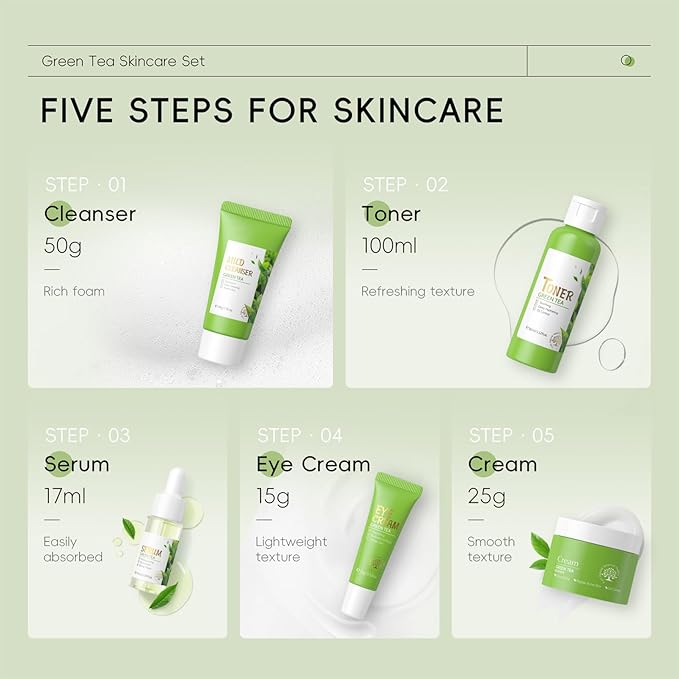 Green Tea Skincare Set for Women, Facial Kit for Women/Teenage Girls, Facial Skin Care Sets & Kits with Cleanser, Toner, Serum, Eye Cream, Cream, Skincare Gift Set Glow Skin, Balance Oil, Shrink Pore