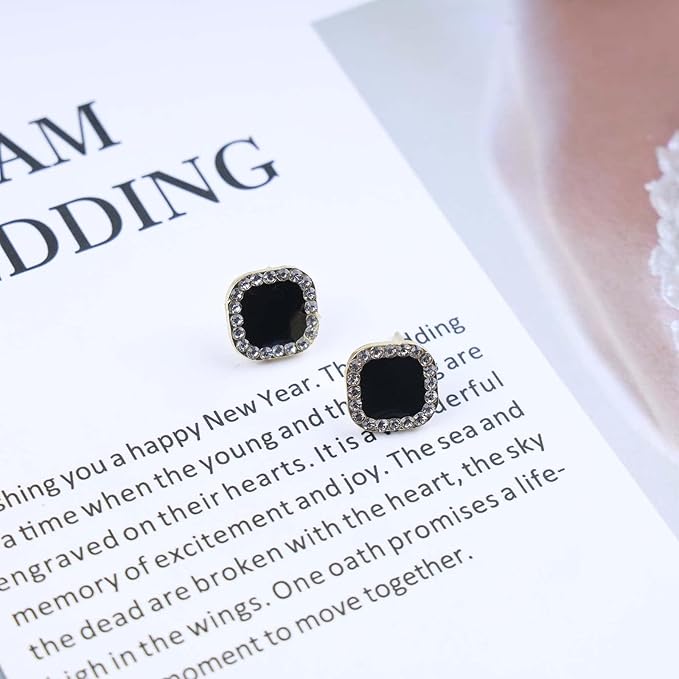 Vintage Black Square Crystal Earrings Black Cz Stud