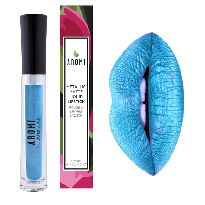 Aromi Bright Blue Metallic Liquid Lipstick | Ocean Lip Color with Shimmery Finish, Vegan, Cruelty-free, Long-lasting, Handmade (Snow Queen)